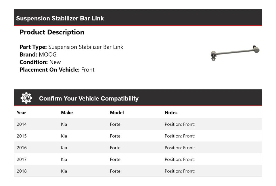 Barra estabilizadora de suspensión delantera MOOG 2014 2015 2016 para Kia Forte 2014-2018 Foto 2 de 4