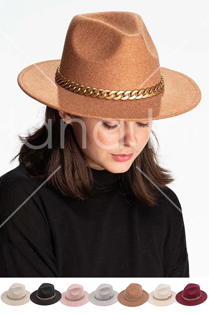 C.C Women's Classic Vegan Felt Panama Brim Heather Color Hat with Chain