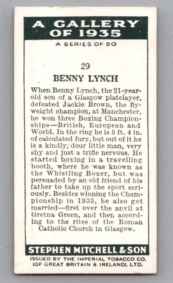 1936 Mitchell & Son Gallery of 1935 #29 Benny Lynch HOF Boxer - Image 2 of 2