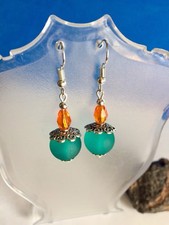 Sea Glass Style Dangle Earrings Aqua With Orange Crystal Bead