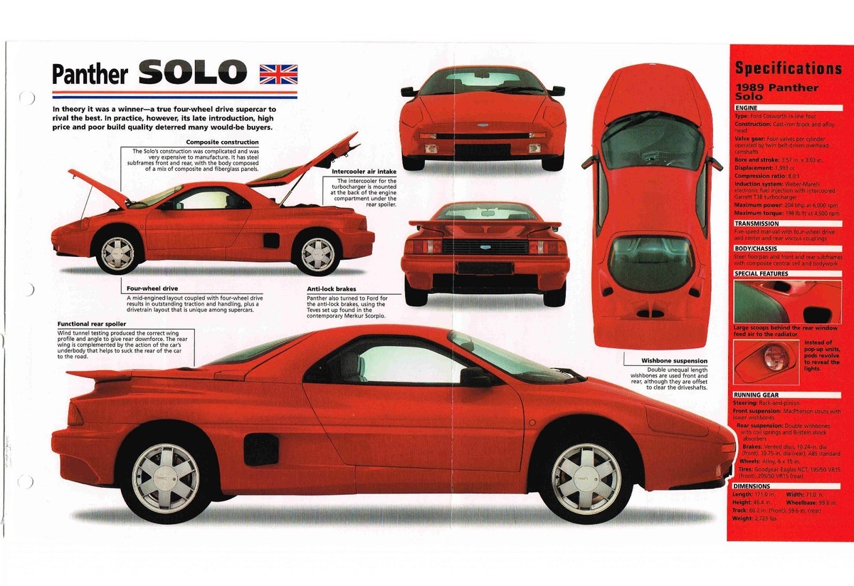 1989 / 1990 PANTHER SOLO SPEC SHEET / Brochure / Catalog