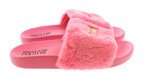 Versace Jeans Couture Rose Faux Fur Signature Slides- - Picture 2 of 4