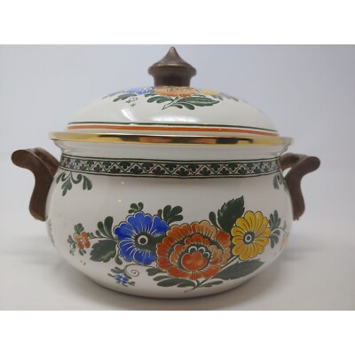 M Kamenstein, Fissler Asta, Off White and Gold Brass Enamel 2QT Covered Pot, Old