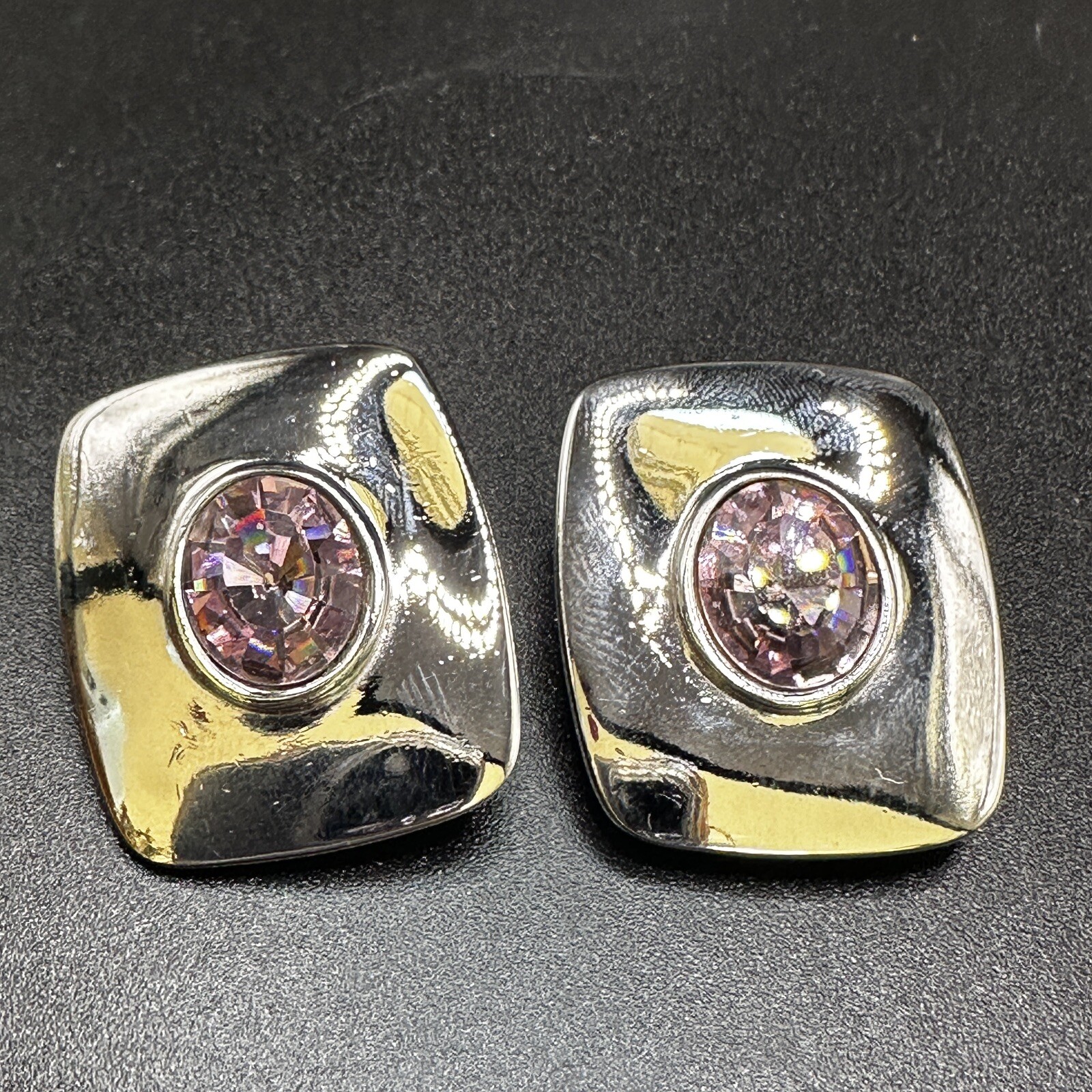 Swavorski Amethyst Crystal Earrings Silver Tone Rectangle Clip On Signed SAL