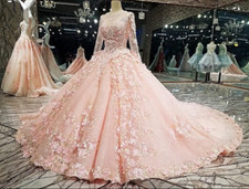 Princess Pink 3D Flowers Wedding Dresses Long Sleeves Bohemian Bridal Gowns
