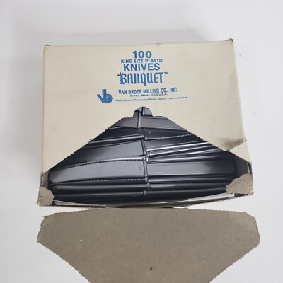 Vtg Lot of 50 Van Brode King Size Plastic Banquet Knives in Original Box Gray