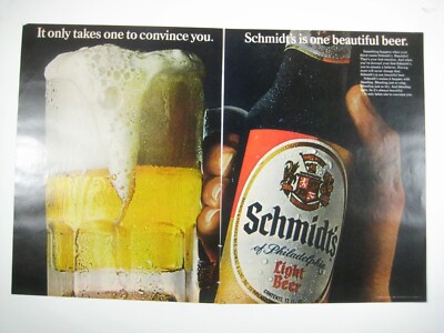 Vintage Schmidts Light Beer Advert Print 1968 2 Page Frosted Glass