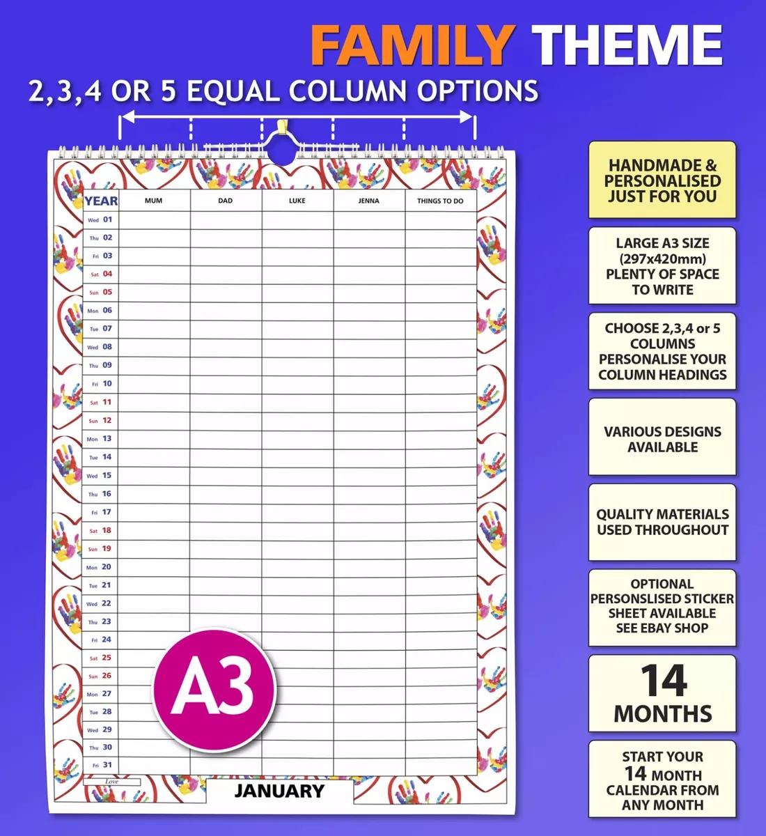 Personalised Family Calendar 2025 - Rose Wandis