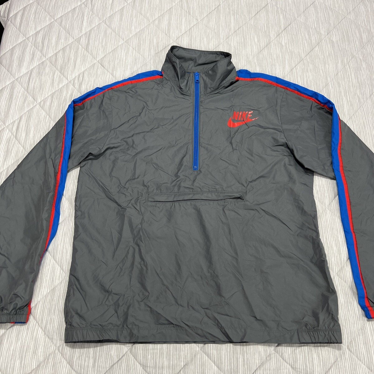 Vintage Nike Windbreaker Pullover Jacket Mens Large Gray Blue Red Front  Pocket