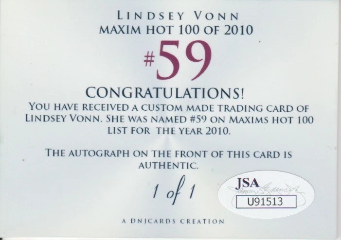 Lindsey Vonn authentic custom cut cert autograph auto card JSA COA - Image 2 of 2