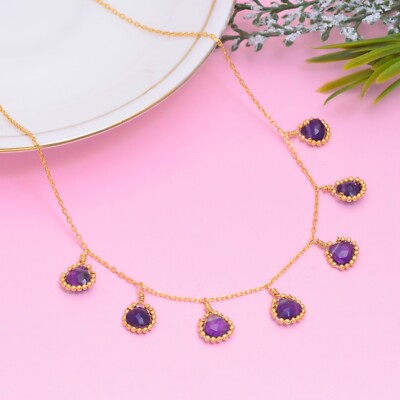 Amethyst teardrop gemstone 14k Gold-Plated silver Beads Necklace for women gift