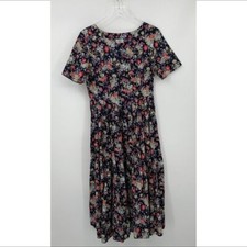 Laura Ashley vintage floral cotton dress navy blue short sleeve pockets full 12