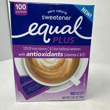EQUAL PLUS Sweetener w/ Antioxidants Vit C & E 100 Packets BB 2020 DISCONTINUED