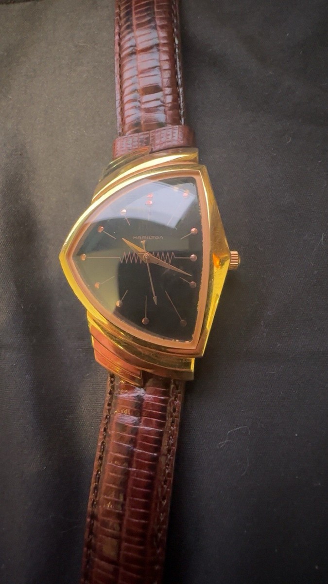Hamilton Ventura Vintage Gold-Toned Triangular Watch with Brown