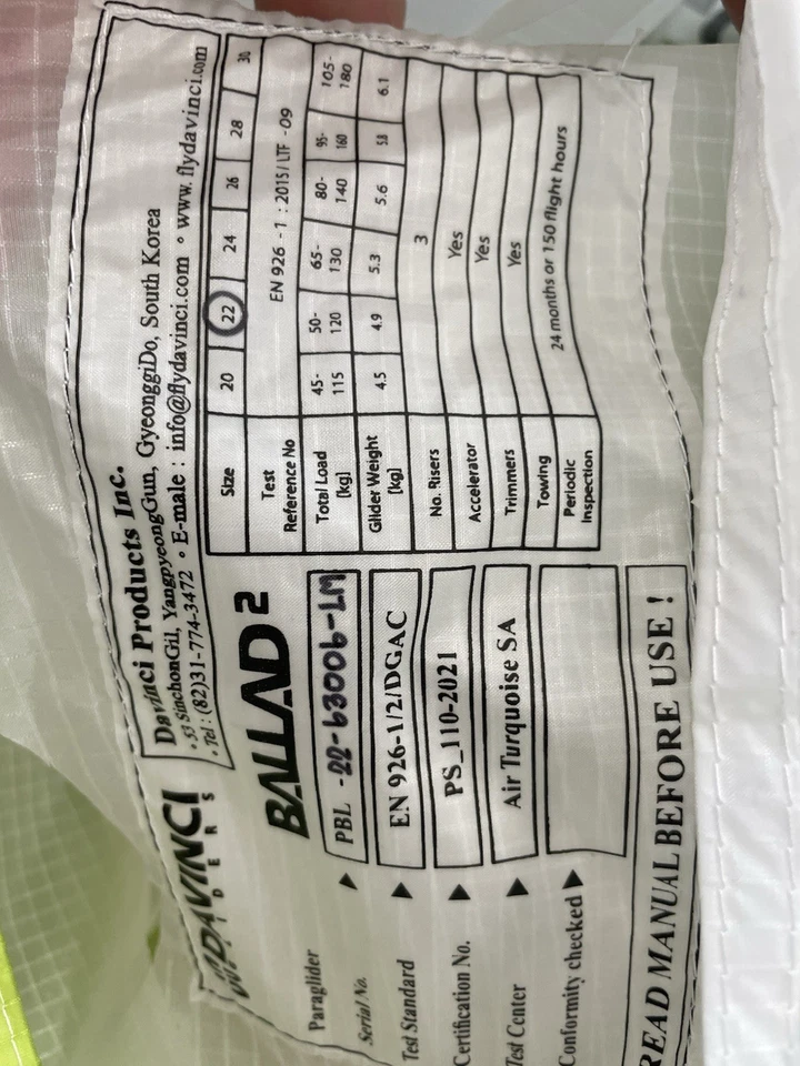 Ala paramotor Davinci Ballad2 22m 50-120 Kg solo volada 2 horas Foto 4 de 4