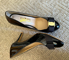 Salvatore Ferragamo Women s Black Patent Leather Bow Logo Pumps Size 6 Italy