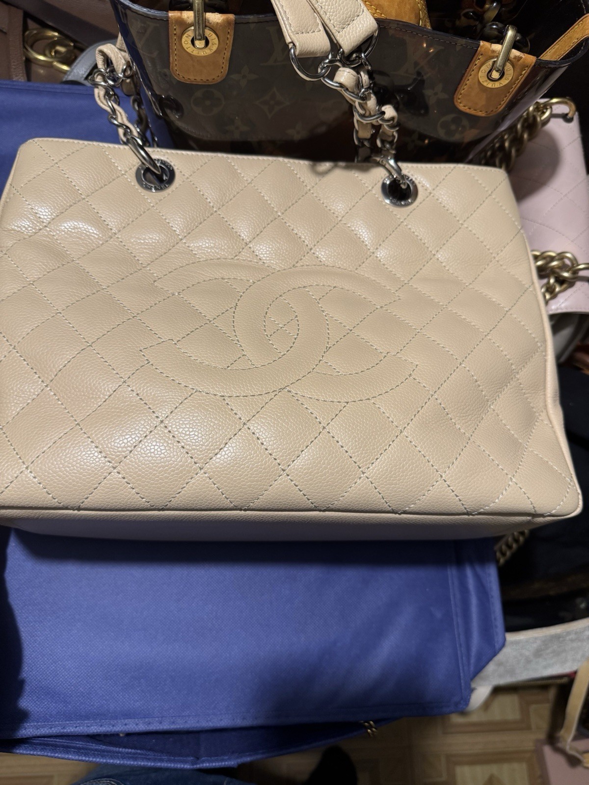CHANEL Beige Caviar Leather GST Grand Shopping Tote with Silver Hardware