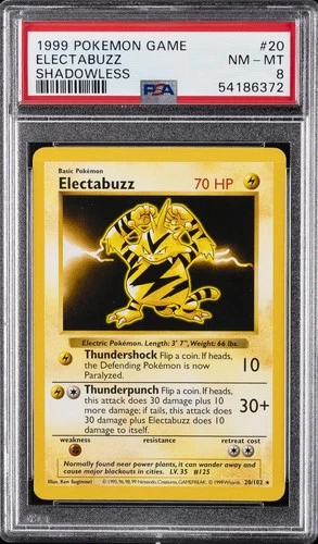 1999 POKEMON BASE SET SHADOWLESS #20 ELECTABUZZ PSA 8