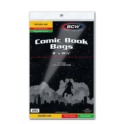 BCW Thick Resealable Golden Age Comic Book Bags 100 Pack Crystal Clear Acid-Free