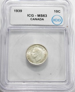 1939 Canada 10 Cents Coin certified by ICG MS63 Condition (440)