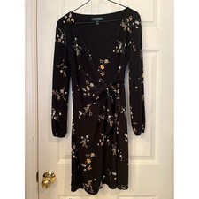 Lauren Ralph Lauren Black Floral Faux Wrap Tie Waist Dress Petite 2P Long Sleeve