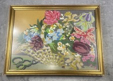 Vintage Gold Framed Needlepoint Floral Wall Art 26x19.75 Hanging