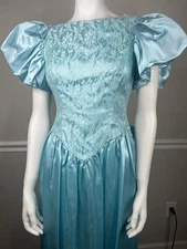 VTG JcPenney prom formal Dress size 7/8 80s puff satin Sleeve blue dress up bow