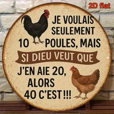 2D Flat, 8x8 Inch Round Aluminum Sign with Humorous French Country Chicken Coop