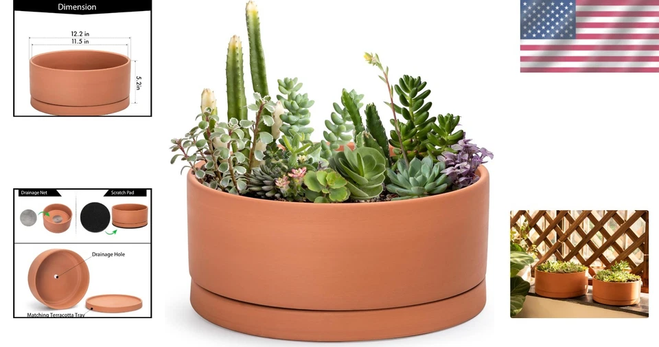 Handcrafted 12-Inch Round Terracotta Planter Pot with Drainage Hole and Saucer - Image 2 of 4