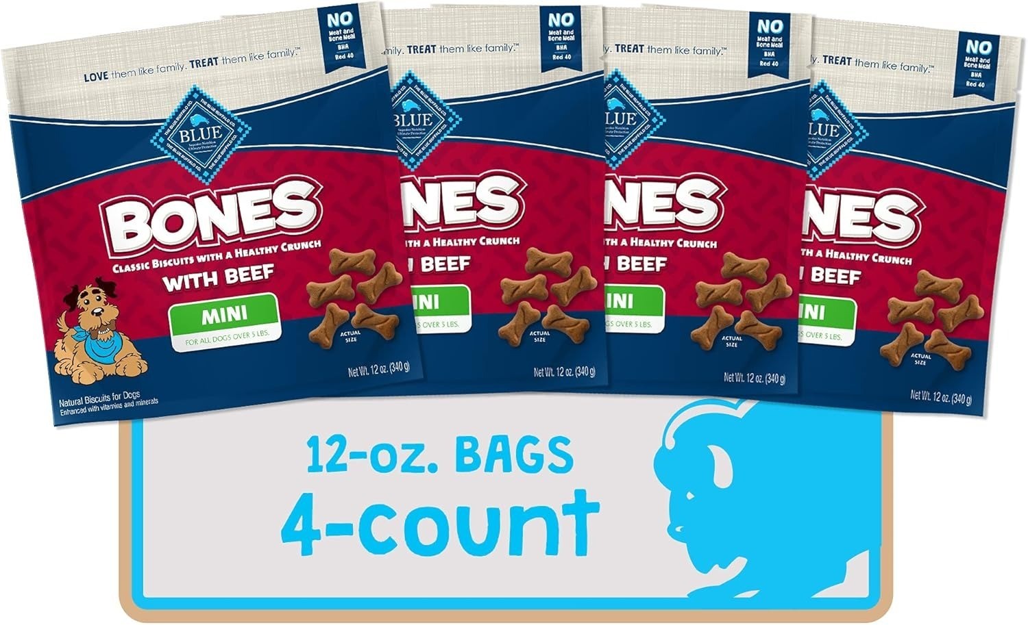 Blue Buffalo Bones Natural Crunchy Dog Treats Mini Dog Biscuits Beef, 12oz. 4 Ct
