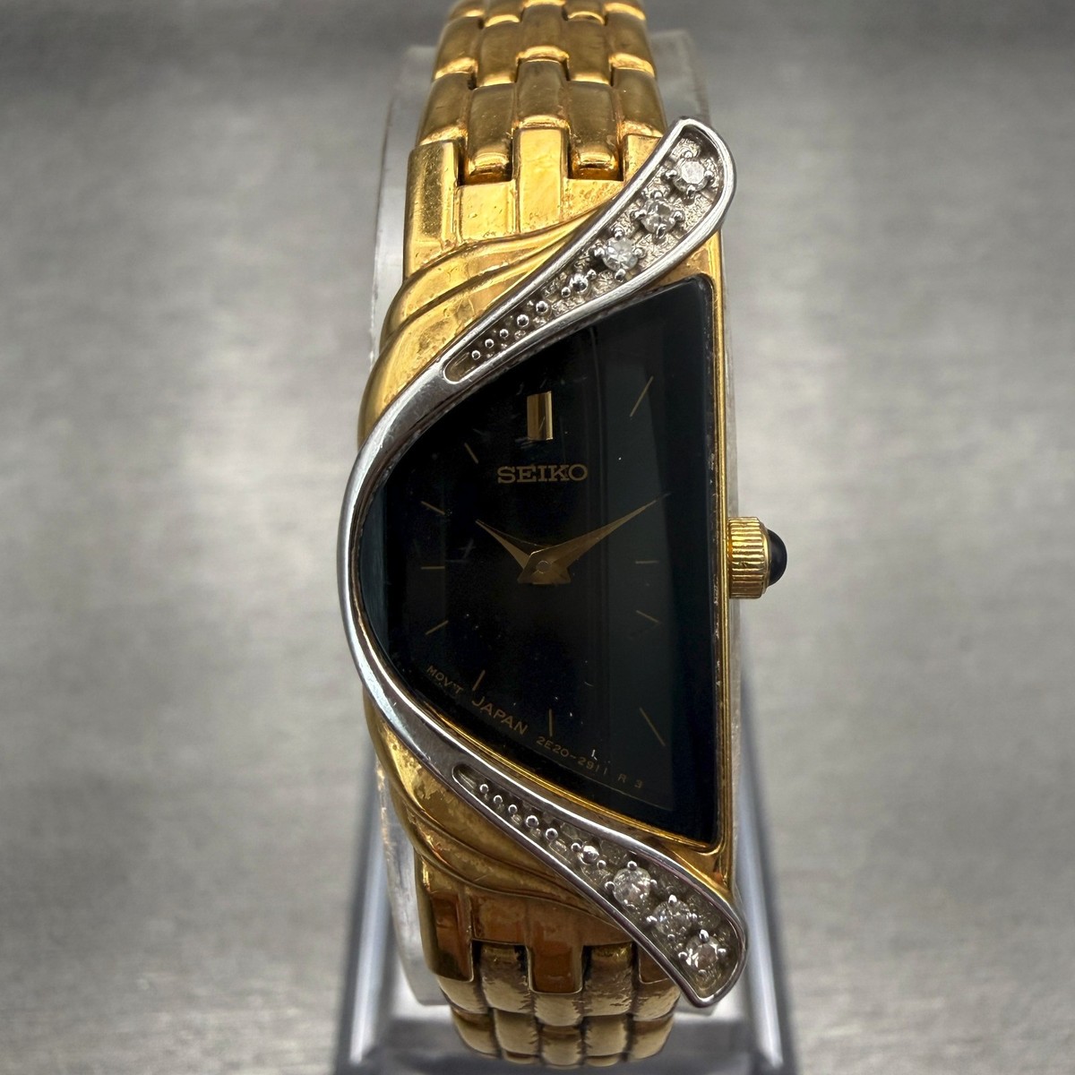 Seiko Half Moon Watch Women 14mm Black Dial Gold Tone Diamond 2E20