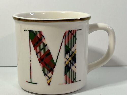 Pottery Barn Plaid Monogram M White Mug with Gold Rim - Picture 1 of 10