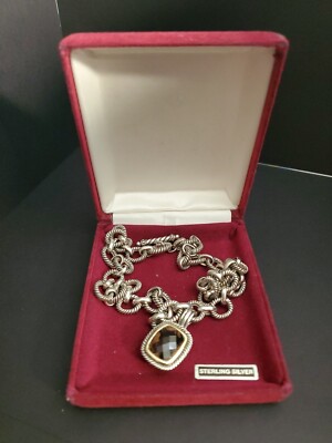 Sterling Rope Cable Link Toggle Necklace Simulated Smoky Quartz Pendant 60g QVC