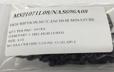 MS21071L08 NAS696A08 NUT 1 LUG REDUCED RIVET  STEEL DRY FILM  SIZE 8-32 100/PK