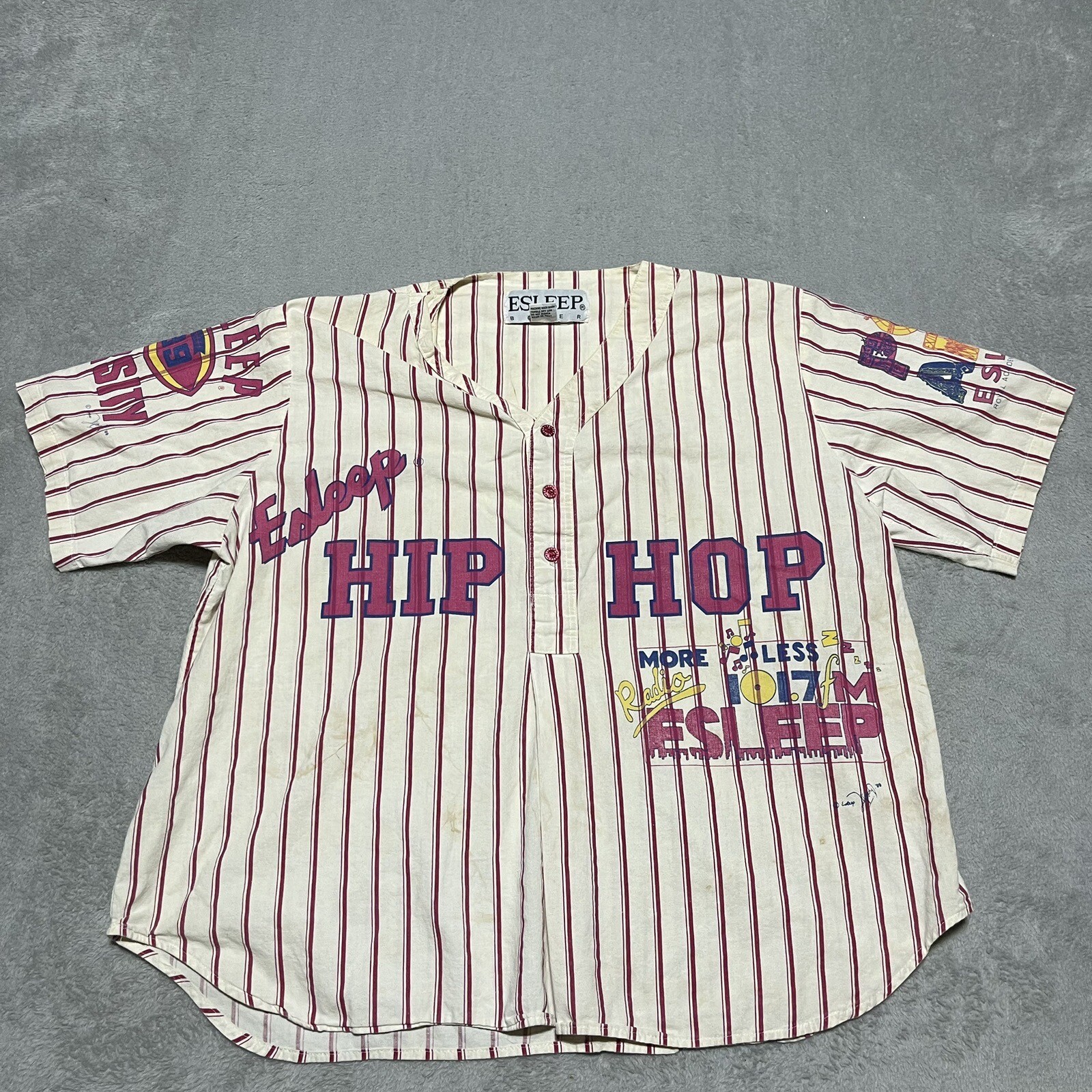 Vintage 90s Esleep Pajama Top Hip Hop 101.7 FM Striped Shirt Thrashed