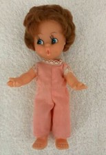 Vintage Plastic Baby Doll Blue Eyes Red Hair Wearing Pink Outfit FREE SHIP
