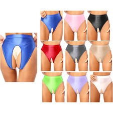 Women Satin Glossy Pants G-String Thongs Shiny High Waist Open Crotch Underwear
