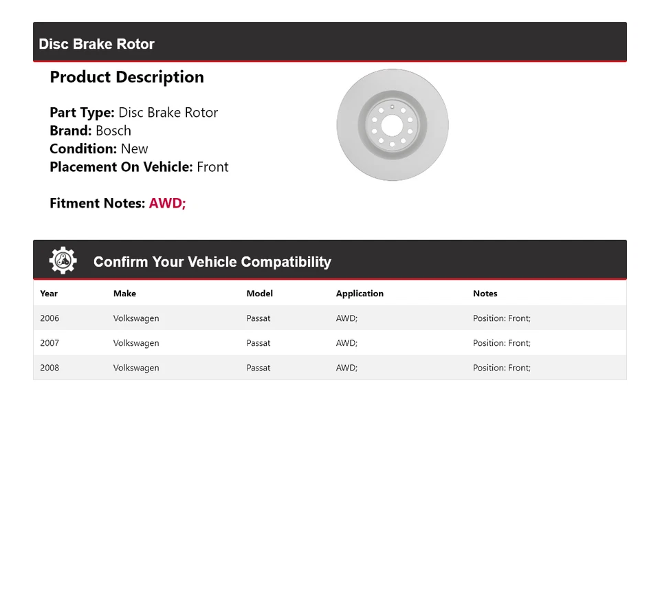 Rotor de freno de disco delantero 2007 para Volkswagen Passat 2006-2008 AWD Bosch QuietCast Foto 2 de 4