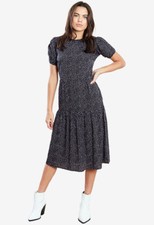 Womens Black Lilac Spot Short Elasticated Sleeve Midi Casual Day Evening Dress