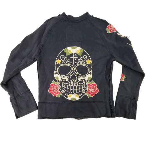 Johnny Was Joystick Embroidered Skulls Cross Love Roses Women Full Zip Y2k Vtg L - Picture 2 of 5