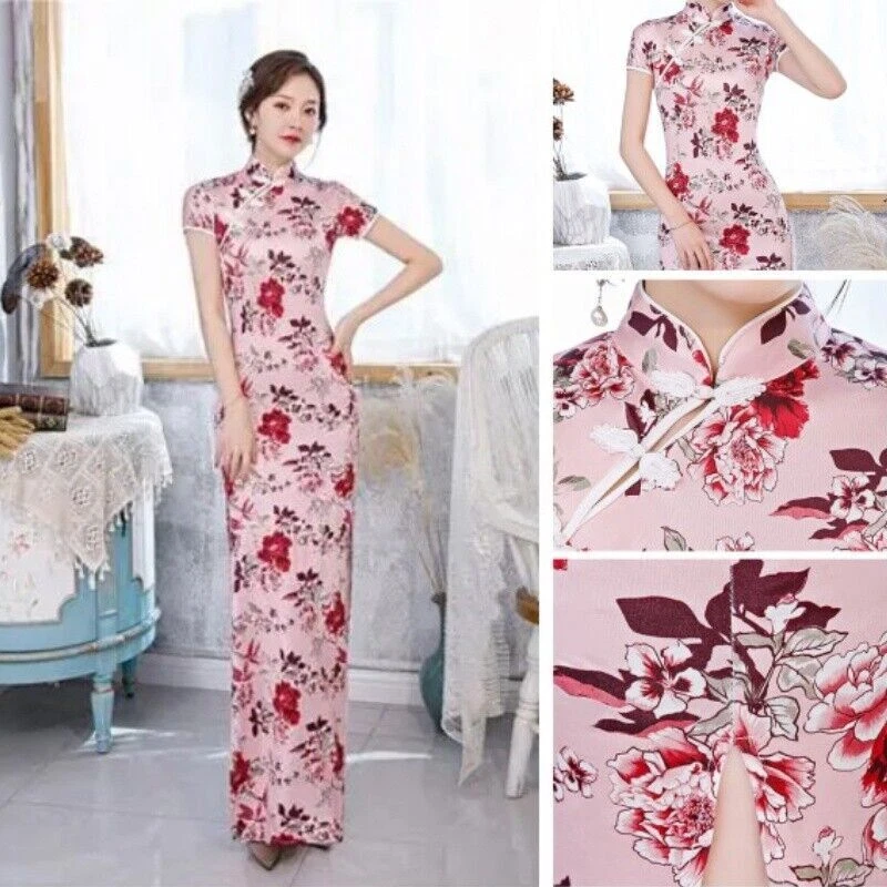 OFF WHITE Costume abito lungo floreale cinese retrò Cheongsam ballo Qipao festa matrimonio