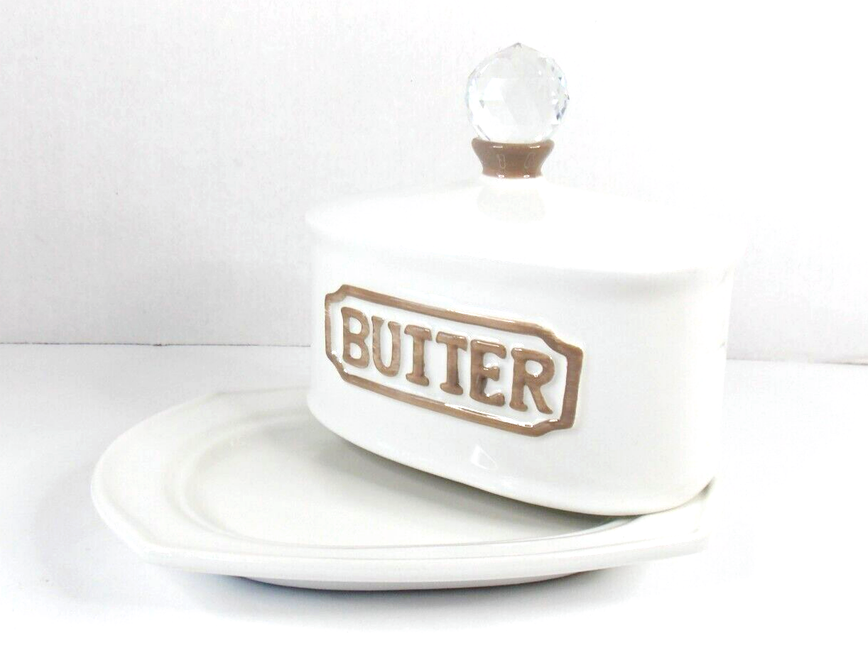 Butter Dish Crystal Knob Gold Script Oval Ceramic THL eBay