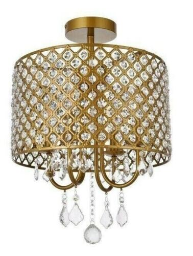 Chandelier Flush Mount Crystal Ceiling Light Brass Bathroom Bedroom Fixture - Picture 5 of 9