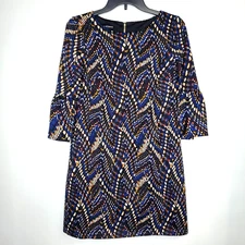 I.N. Studio Womens SZ S Lined Dress Bell Sleeve Multicolor Black Print Short