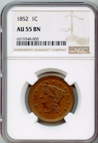 NGC - Braided Hair Large Cent - 1c - 1852 - AU-55-BN