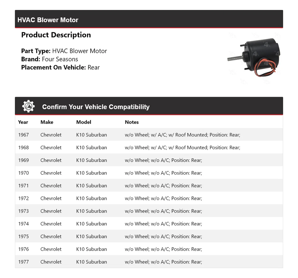 Para Chevrolet K10 Suburban 1967-1977 HVAC soplador motor trasero 4 estaciones 1968 1969 Foto 2 de 4