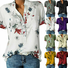 Womens Blouse Loose Tops Short Sleeve Ladies Summer V Neck Casual Floral T Shirt