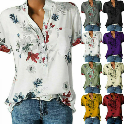 Womens Blouse Loose Tops Short Sleeve Ladies Summer V Neck Casual