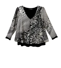 ALI MILES BLACK WHITE TOP SMALL ARTSY LEOPARD LAYERED HEM MIXED PRINT 3/4 SLV