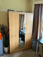 Light Wood 2 Door Freestanding Wardrobe, Hinged, Full-Length Mirrored Centre